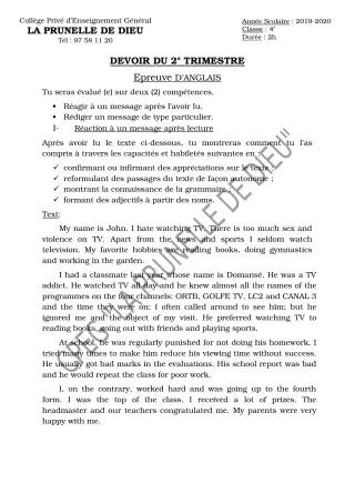 Première page de Anglais 4e, 4e ML — Devoir surveillé, 2e trimestre (2019-2020) · CEPG La Prunelle de Dieu