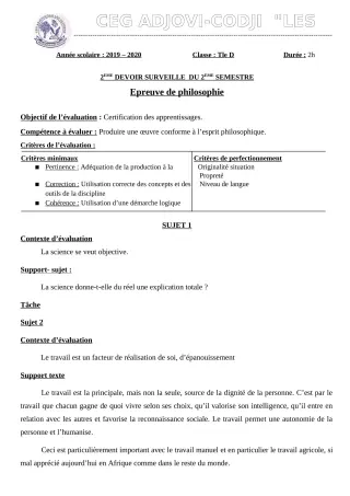Première page de Philosophie Tle D — 2e devoir surveillé, 2e semestre (2019-2020) · CEG ADJOVICODJI 'LES OLIVIERS'