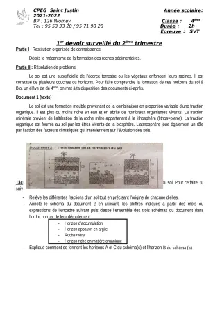 Première page de SVT 4e, 3e, Tle A2, Tle B — 1er devoir surveillé, 2e trimestre (2021-2022) · CPEG SAINT Justin