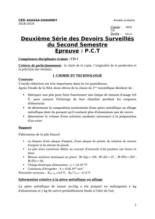 Première page de PCT 1ère A, 1ère B, 1ère C, 1ère D — 2e devoir surveillé, 2e semestre (2018-2019) · CEG Agassa Godomey