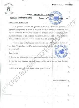 Première page de Français 4e — 1re composition (2020-2021) · CPEG ROSAIRE