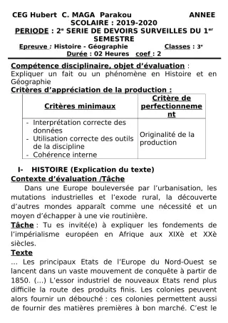 Première page de Histoire-Géographie 6e, 5e, 4e, 4e ML, 3e, 3e ML — 2e devoir surveillé, 1er semestre (2019-2020) · CEG Hubert C. MAGA