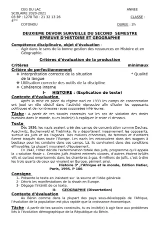 Première page de Histoire-Géographie 4e — 2e devoir surveillé, 2e semestre (2020-2021) · CEG du Lac