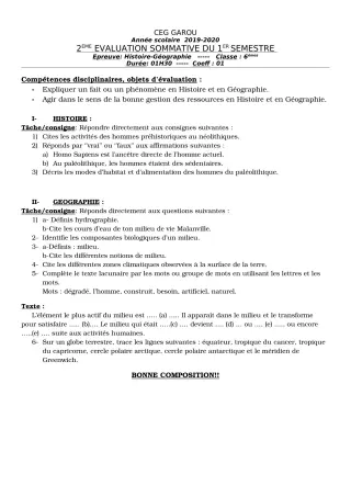 Première page de Histoire-Géographie 6e — 2e évaluation sommative, 1er semestre (2019-2020) · CEG GAROU