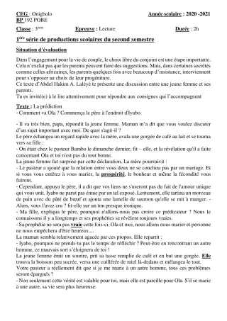 Première page de Français 3e, 3e ML — 1re production scolaire, 2e semestre (2020-2021) · CEG ONIGBOLO