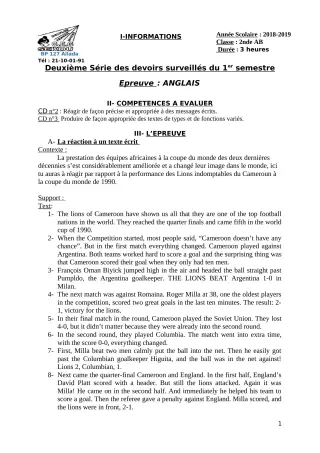 Première page de Anglais 2nde A & B — 2e devoir surveillé, 1er semestre (2018-2019) · CEG Sékou