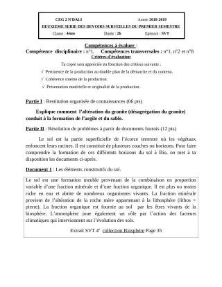 Première page de SVT 4e, 4e ML — 2e devoir surveillé, 1er semestre (2018-2019) · CEG 2 N'DALI