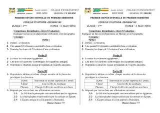 Première page de Histoire-Géographie 5e — 1er devoir surveillé, 1er semestre (2021-2022) · CEG SEKERE