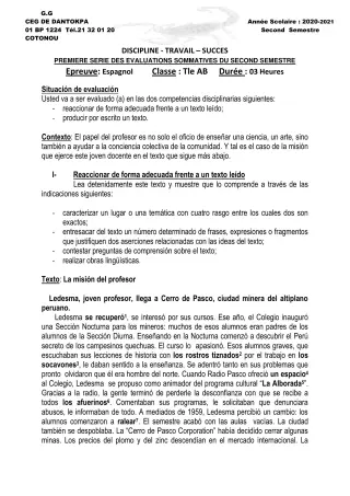Première page de Espagnol 4e ML&MC, 3e ML, 2nde A, 2nde A & B, 1ère A, 1ère A2, 1ère B, Tle A2, Tle B — 1re évaluation sommative, 2e semestre (2020-2021) · CEG Dantokpa