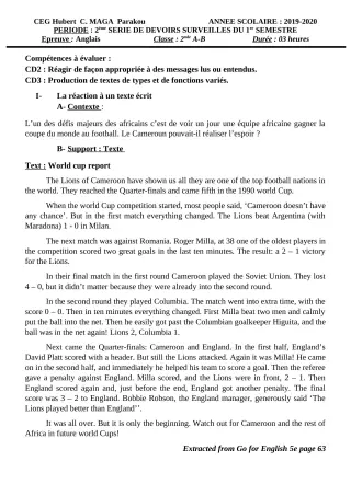 Première page de Anglais 2nde A1, 2nde A2, 2nde B — 2e devoir surveillé, 1er semestre (2019-2020) · CEG Hubert C. MAGA