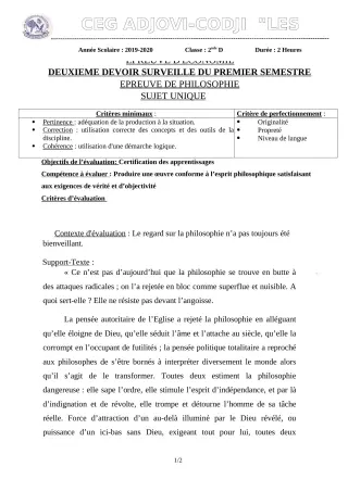 Première page de Philosophie 2nde D — 2e devoir surveillé, 1er semestre (2019-2020) · CEG ADJOVICODJI 'LES OLIVIERS'