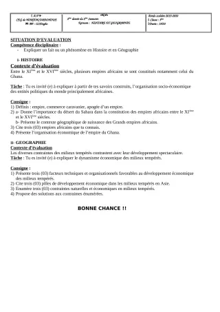Première page de Histoire-Géographie 5e — 2e devoir surveillé, 2e semestre (2019-2020) · CEG Honton