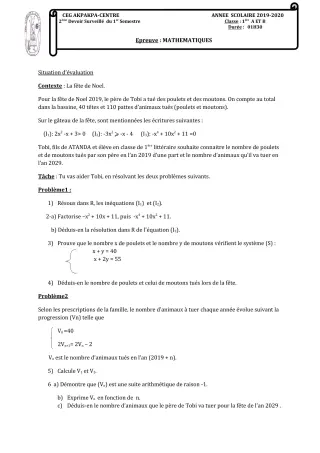 Première page de Mathématiques 1ère A1, 1ère A2, 1ère B — 2e devoir surveillé, 1er semestre (2019-2020) · CEG 1 Akpakpa-Centre