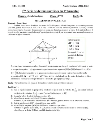 Première page de Mathématiques 2nde D — 1er devoir surveillé, 1er semestre (2022-2023) · CEG GOHO