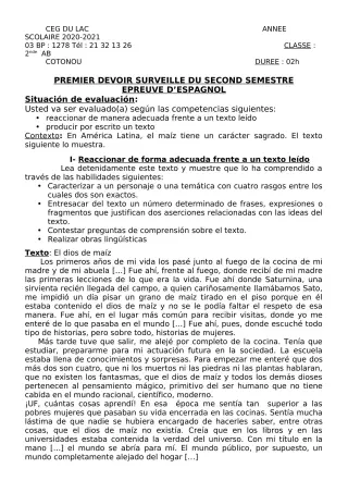 Première page de Espagnol 2nde A, 2nde B — 1er devoir surveillé, 2e semestre (2020-2021) · CEG du Lac