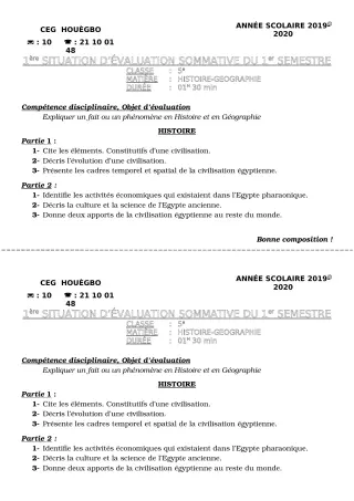 Première page de Histoire-Géographie 5e — Évaluation sommative, 1er semestre (2019-2020) · CEG HOUEGBO