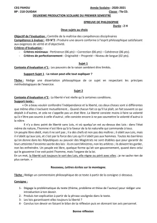Première page de Philosophie Tle C, Tle D — 2e production scolaire, 1er semestre (2020-2021) · CEG PAHOU