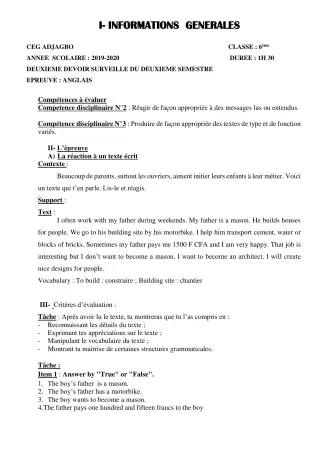 Première page de Anglais 6e — 2e devoir surveillé, 2e semestre (2019-2020) · CEG ADJAGBO