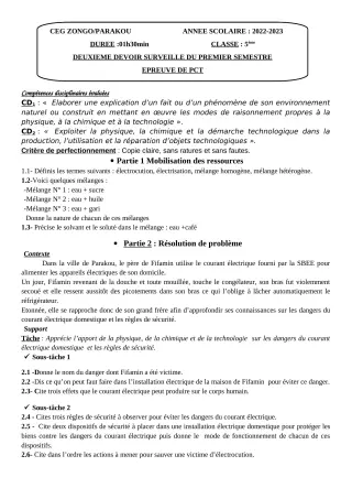 Première page de PCT 5e — 2e devoir surveillé, 1er semestre (2022-2023) · CEG ZONGO
