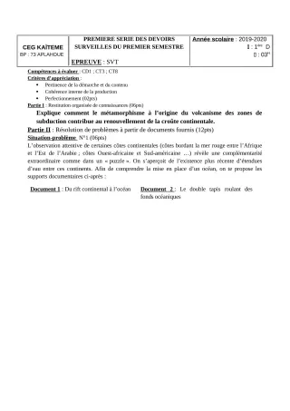 Première page de SVT 1ère D — 1er devoir surveillé, 1er semestre (2019-2020) · CEG Kaïtèmè