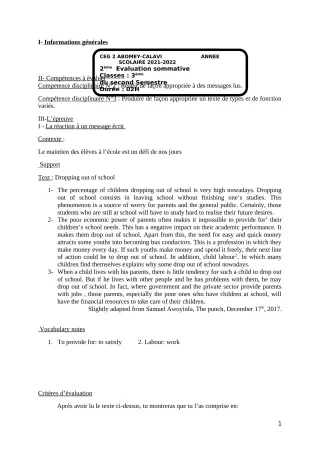 Première page de Anglais 3e — 2e évaluation sommative, 2e semestre (2021-2022) · CEG2 ABOMEY - CALAVI (CEG ZOCA)