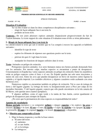 Première page de Espagnol 3e ML — 1er devoir surveillé, 2e semestre (2021-2022) · CEG SEKERE