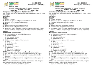 Première page de Histoire-Géographie 6e — 1er devoir surveillé, 2e semestre (2022-2023) · CEG SEKERE