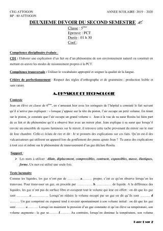Première page de PCT 5e — 2e devoir surveillé, 2e semestre (2019-2020) · CEG Attogon