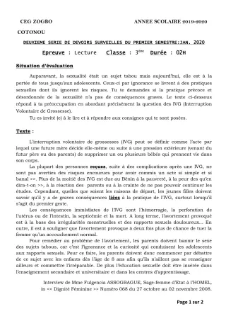 Première page de Français 3e, 3e ML — 2e devoir surveillé, 1er semestre (2019-2020) · CEG ZOGBO