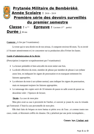 Première page de Français 6e — 1er devoir surveillé, 1er semestre (2019-2020) · PMB