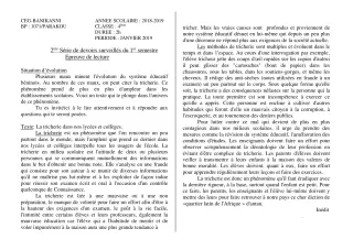 Première page de Français 4e — Devoir surveillé, 1er semestre (2018-2019) · CEG Banikanni