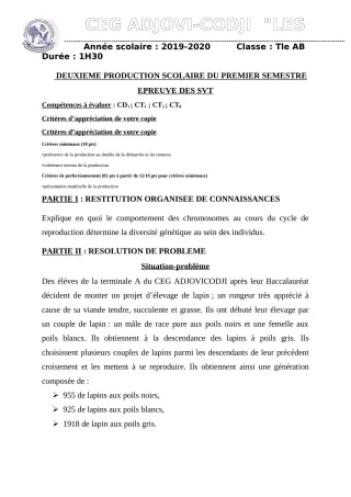 Première page de SVT Tle B — 2e production scolaire, 1er semestre (2019-2020) · CEG ADJOVICODJI 'LES OLIVIERS'