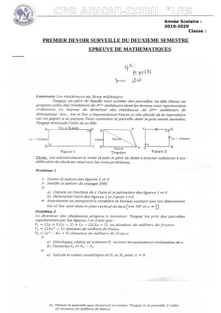 Première page de Mathématiques 4e, 4e ML — 1er devoir surveillé, 2e semestre (2019-2020) · CEG ADJOVICODJI 'LES OLIVIERS'
