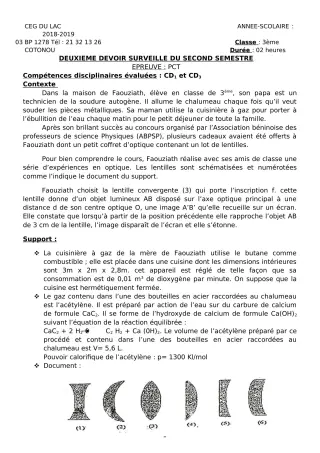 Première page de PCT 3e — 2e devoir surveillé, 2e semestre (2018-2019) · CEG du Lac