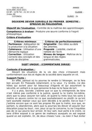 Première page de Philosophie 2nde A, 2nde B — 2e devoir surveillé, 1er semestre (2020-2021) · CEG du Lac