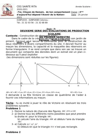 Première page de Mathématiques 6e, 5e, 4e, 3e, 3e ML, 2nde A2, 2nde B, 2nde C, 2nde D, 1ère A2, 1ère B, 1ère C, 1ère D, Tle A2, Tle B, Tle C, Tle D — Production scolaire, 1er semestre (2020-2021) · CEG Sainte Rita