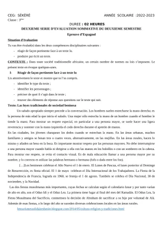 Première page de Espagnol 3e — Évaluation sommative, 2e semestre (2022-2023) · CEG SEKERE