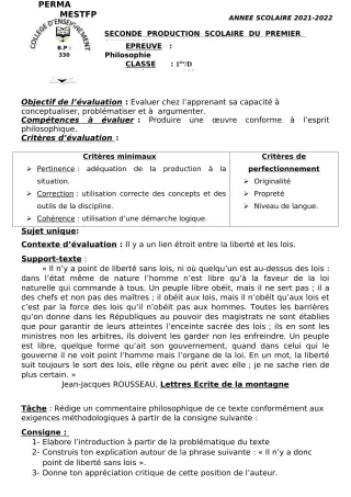 Première page de Philosophie 2nde A, 2nde D, 1ère A, 1ère D, Tle A, Tle D — 2e production scolaire, 1er semestre (2021-2022) · CEG Perma