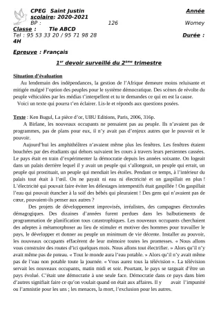 Première page de Français Tle A2, Tle B, Tle C, Tle D — 1er devoir surveillé, 2e trimestre (2020-2021) · CPEG SAINT Justin