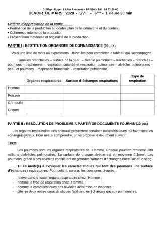 Première page de SVT 6e — Devoir surveillé (2019-2020) · CPEG Roger LAFIA