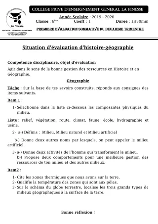 Première page de Histoire-Géographie 6e — 1re évaluation sommative, 2e trimestre (2019-2020) · CPEG La Finesse