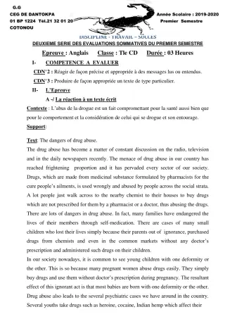 Première page de Anglais Tle C, Tle D — 2e évaluation sommative, 1er semestre (2019-2020) · CEG Dantokpa