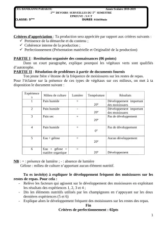 Première page de PCT 5e — 2e devoir surveillé, 1er semestre (2018-2019) · CEG Banikanni