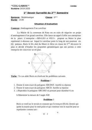 Première page de Mathématiques 5e — 1er devoir surveillé, 2e semestre (2019-2020) · CEG GAROU