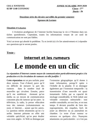 Première page de Français 3e, 3e ML — 2e devoir surveillé, 1er semestre (2019-2020) · CEG L'Entente