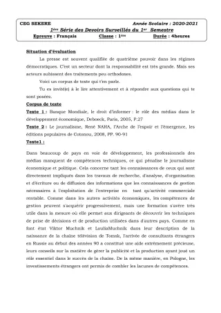 Première page de Français 1ère A2, 1ère D — 1er devoir surveillé, 1er semestre (2020-2021) · CEG SEKERE