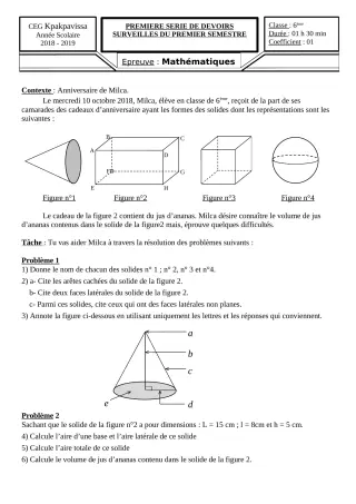 Première page de Mathématiques 6e, 5e, 4e ML&MC, 3e, 3e ML — 1er devoir surveillé, 1er semestre (2018-2019) · CEG Kpakpavissa