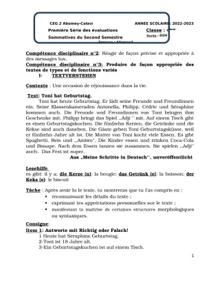 Première page de Allemand 4e — 1re évaluation sommative, 2e semestre (2022-2023) · CEG2 ABOMEY - CALAVI (CEG ZOCA)
