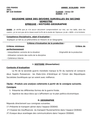 Première page de Histoire-Géographie 1ère C, 1ère D — 2e devoir surveillé, 2e semestre (2020-2021) · CEG PAHOU