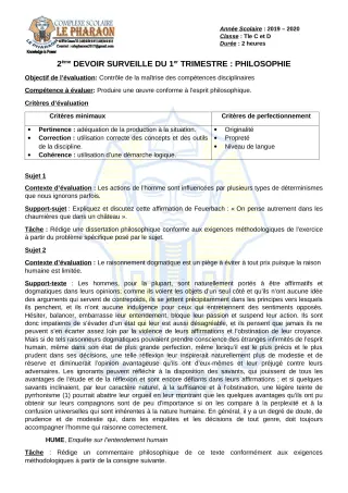 Première page de Philosophie Tle C, Tle D — 2e devoir surveillé, 1er trimestre (2019-2020) · CPEG LE PHARAON